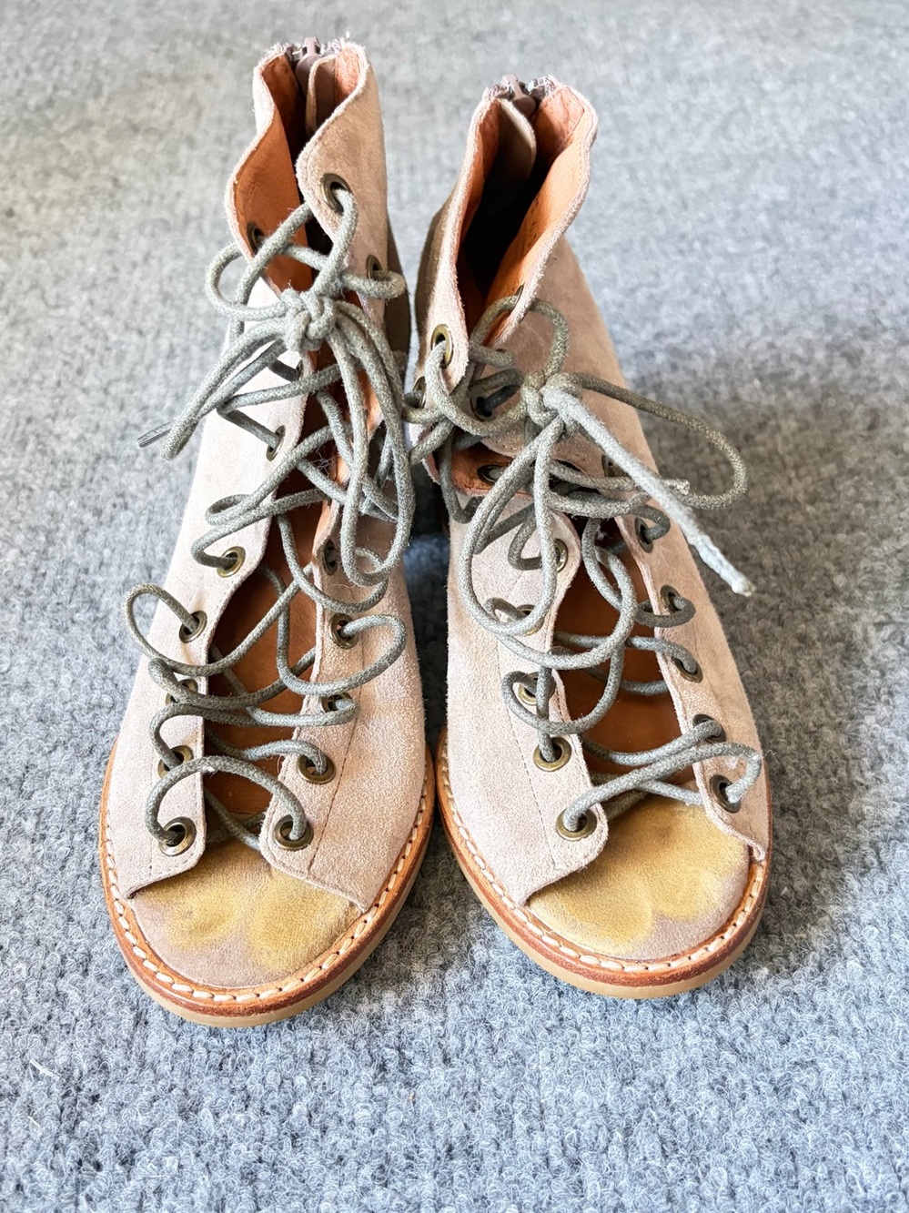 Jeffrey Campbell Ankle Boots Women 6.5 Taupe Suede Lace Up Open Toe Cors Booties
